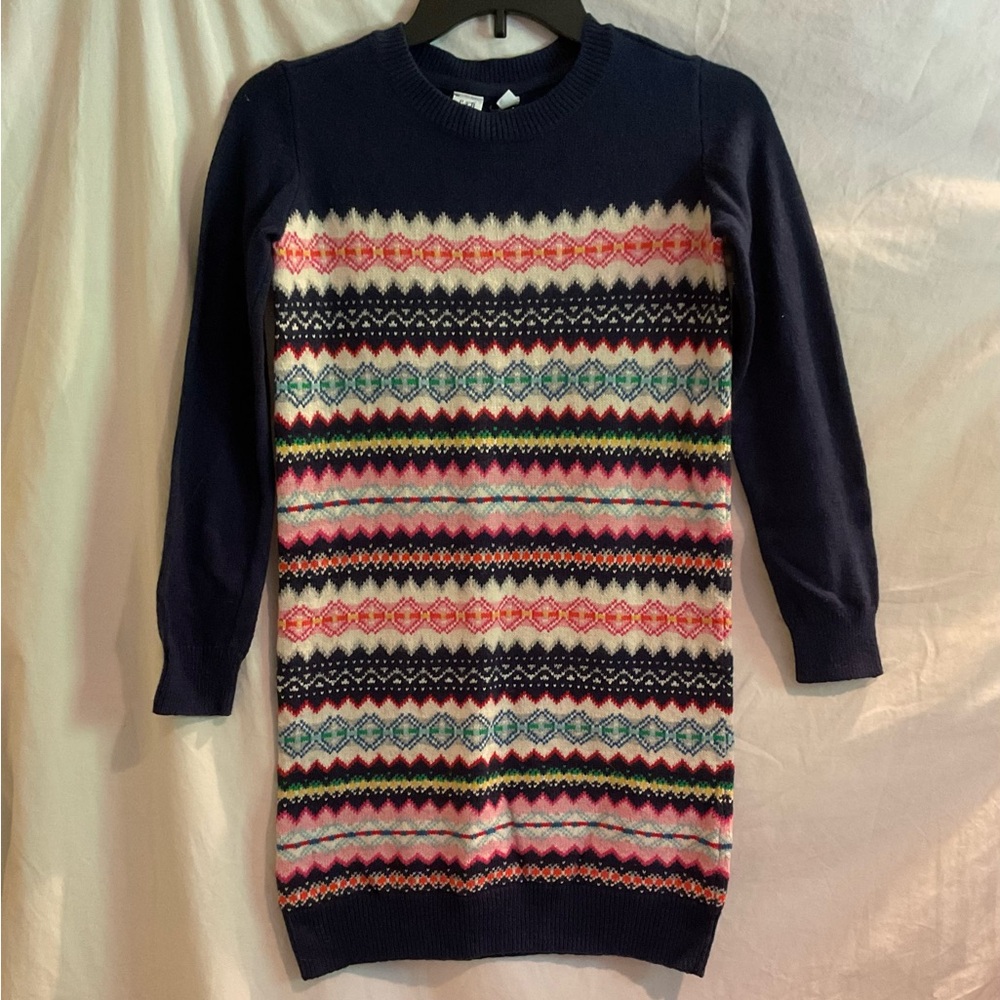 Gap Girls Large Navy Blue Multi Color Cotton Wool Sweater Dress Long Sleeves